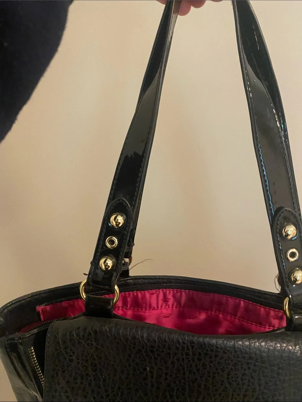Juicy Couture Black Shoulder Bag with Gold Plaque- pink interior